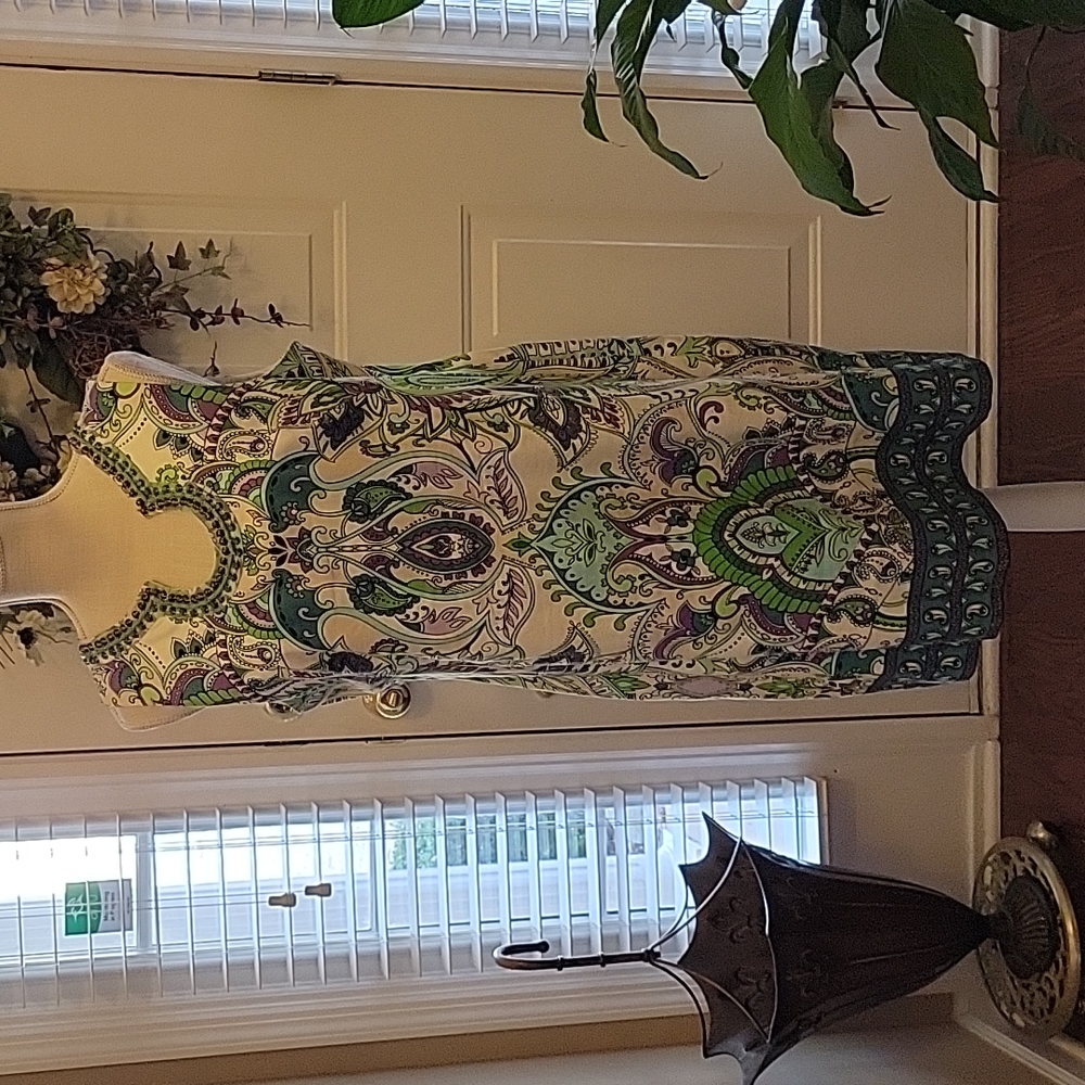 Wisp aqua purple green white paisley beaded sleeveless stretch dress sz 12 EUC…